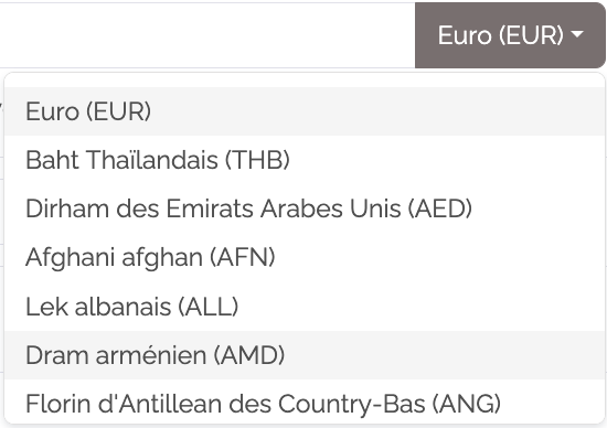 Sélection de la devise lors de l'ajout d'une dépense voyage