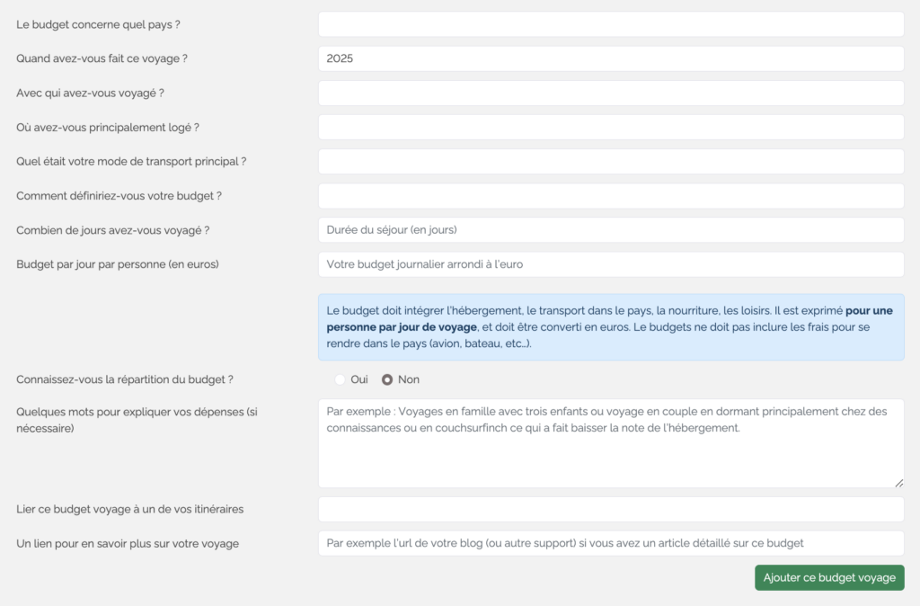Ajouter un budget voyage pour aider à ton tour les futurs voyageurs